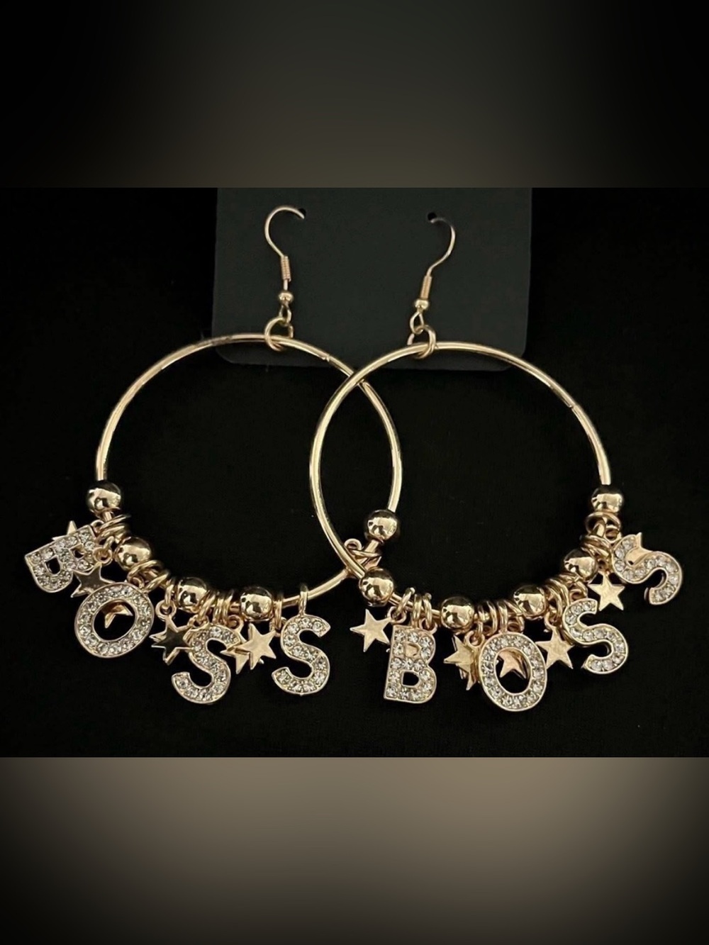 Gold Hoop Earrings with BOSS and Star Charms - Picture 1 of 3